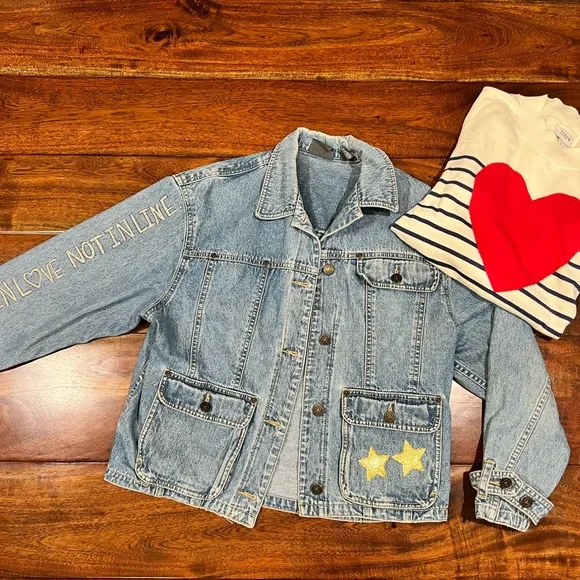 NWT Trucker ❤️ Sequin Heart Handmade One of a Kind Jean Jacket Petite - Picture 13 of 13
